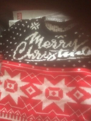 Boohoo Fairisle Merry Christmas Jumper Size Large  Xmas Black Red White Bnwt B8 - Image 1 of 4