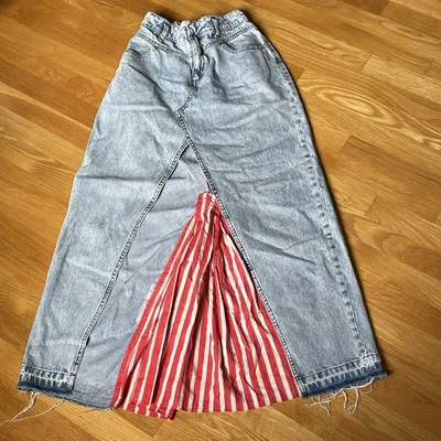 Upcycled Denim Maxi Skirt Red Pleated Insert Adjustable Waist Handmade Boho S–M - Image 1 of 4