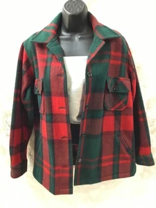 LL Bean wool chore Jacket M red Green tartan plaid Button Up Barn Coat VNTG USA - Picture 1 of 7