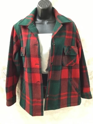 LL Bean wool chore Jacket M red Green tartan plaid Button Up Barn Coat VNTG USA - Image 1 of 4