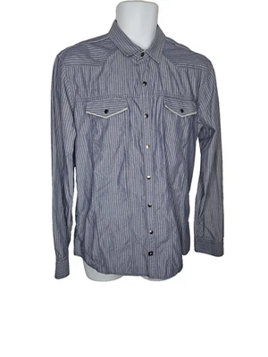 Camisa ocidental masculina 7 diamantes L listrada azul pérola encaixe manga longa algodão - Imagem 1 de 4