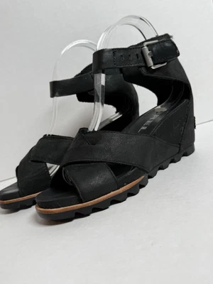 Sorel Sandals Womens 7.5 Black Joanie II Ankle Straps Leather Wedge - Image 1 of 4