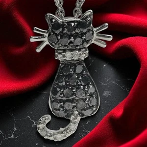 10K Black & White Diamond 1/3 TCW Cat Pendant with 14K White Gold Chain - Picture 1 of 9