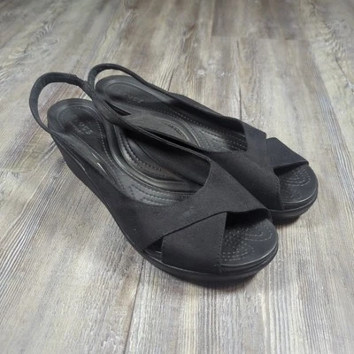 Sandalias de lona Crocs Leigh Ann para mujer 10 negras con cordones punta abierta cuña 204948 Foto 1 de 4