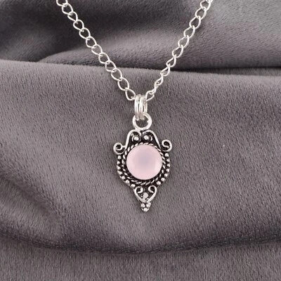 Pingente feminino de pedra preciosa de quartzo rosa prata esterlina 925 feito à mão para presente - Imagem 1 de 4