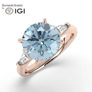 Round Solitaire 14K Rose Gold Vivid Blue Trilogy Ring , 4.50 ct, Labgrown IGI - Picture 1 of 17