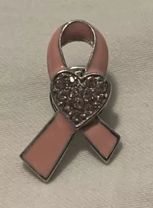 Pink Enamel Ribbon with Pink Rhinestone Hearts Breast Cancer Awareness Lapel Pin - Bild 1 von 4