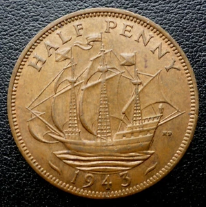 GREAT BRITAIN 1943 KING GEORGE VI HALF PENNY "GOLDEN HINDE" SIR FRANCIS DRAKE - Picture 1 of 2
