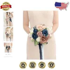 Stunning 7-Inch Silk Dusty Rose & Navy Bridal Bouquet - Indoor & Outdoor Use - Picture 1 of 7