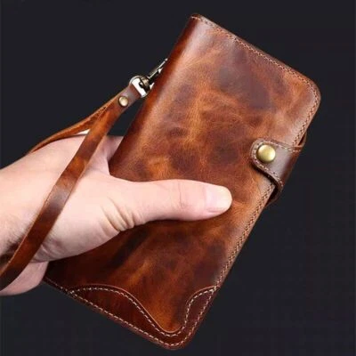 Real Cowhide Genuine Leather Flip Wallet Case Cover For iPhone 12/13/14/15/16/17 - Image 1 of 4