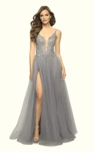 La Femme Silver Floral Embroidered Illusion Plunge Tulle Ballgown Size 20 $488 - Picture 1 of 2