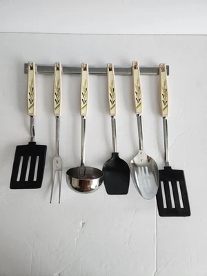 Vtg MCM Wall Mounted Kitchen Utensils Japan Wheat Spoon Spatula  Fork Ladle - Image 1 of 4