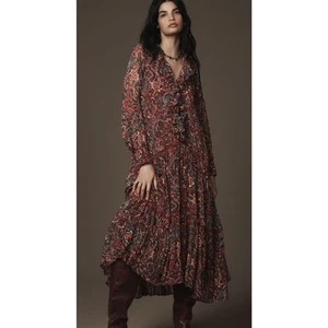 Anthropologie Long-Sleeve Ruffled Boho Midi Dress size L - Picture 1 of 3