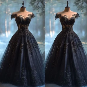 Vintage Gothic Black Wedding Dresses with Short Sleeves Tulle Bridal Gowns - Picture 1 of 9