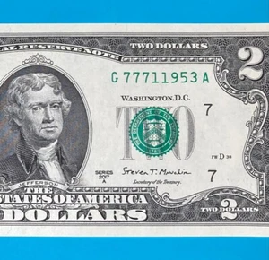 LUCKY January 1953 (G 777 1 1953 A) $2 Two Dollar Bill Serial Number 2017A *UNC* - Picture 1 of 4