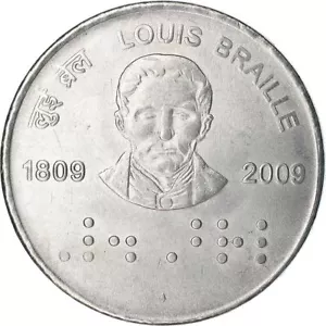 India | 2 Rupees Coin | Louis Braille | Km:368 | 2009 - Picture 1 of 4
