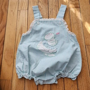 Vintage Baby Toddler Girl Romper 18M Made in USA Green Striped Ruffled Hippo - Picture 1 of 9