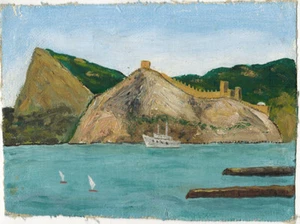 Hills Fortress Sea Shore Boats drawing by u/k Soviet time painter - Bild 1 von 1