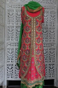 Coral & green Unstitched Indian Bollywood salwar kameez fabric SKU19354 - Picture 1 of 10