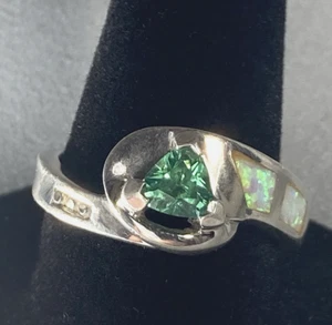 Sterling, 1/2K Green Apatite Gemstone w/Opal & Rhinestone, Women 6 1/2 Ring Size - Picture 1 of 9
