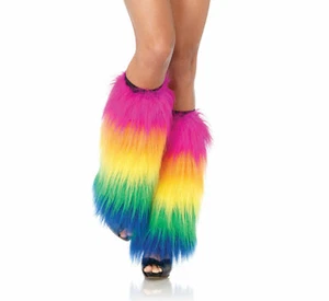 Neon Furry Leg Warmers Rainbow, Green or Aqua Costume Accessory Halloween - Picture 1 of 6
