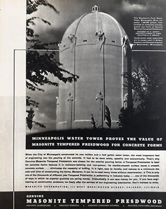 1935 Original Masonite Tempered Presdwood Print Ad, Minneapolis Water Tower - Bild 1 von 3