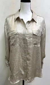 Chico's Damen Top Bluse Shirt Gr. 3 gold glänzend Knopfleiste Langarm Rollriegel - Bild 1 von 4