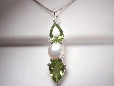 Cultured Pearl & Faceted Peridot 3-Gem 925 Sterling Silver Necklace - Image 1 of 2