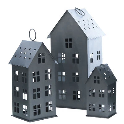 Metall Haus Laterne 3er Set zum Hängen - grau - Deko Windlicht 43/31/20 cm Außen - Bild 1 von 4