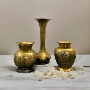Vintage Messing Vasen Floral Geätzt 3er Set Made In India - Bild 1 von 5