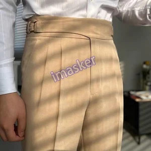 Retro Para Hombres Cintura Alta Nápoles Pantalones Negocios Rectos Plisados Pantalones Traje Pantalones - Imagen 1 de 5