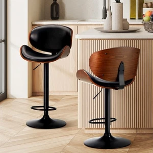 Oikiture 2x Bar Stools Kitchen Stool Swivel Chair Wooden Leather Gas Lift - Picture 1 of 10