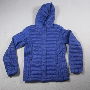 32 Grad Hitze blaue Daunenjacke mit Kapuze und Federn Damen S/CH - Bild 1 von 8