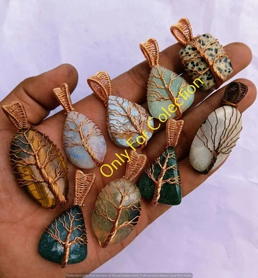 Lote colgante ojo de tigre y mezcla de piedras preciosas árbol de la vida alambre de cobre envuelto joyería Foto 1 de 3