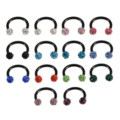 Horseshoe Bar Shamballa Crystal Circular Barbell Lip Nose Septum Ear Ring BLACK - Image 1 of 4