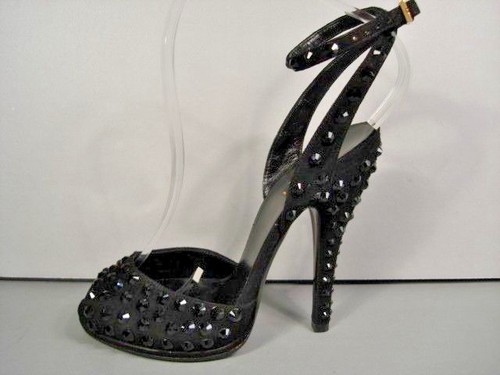 SANDALI DA SERA GUCCI NERI SCAMOSCIATI CINTURINO ALLA CAVIGLIA BORCHIE A PUNTA PLATEAU TACCO 36 NUOVI