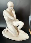 VTG Hand Formed Sculpture of Sitting Naked Thinking Man Brutalist Art Realism ￼