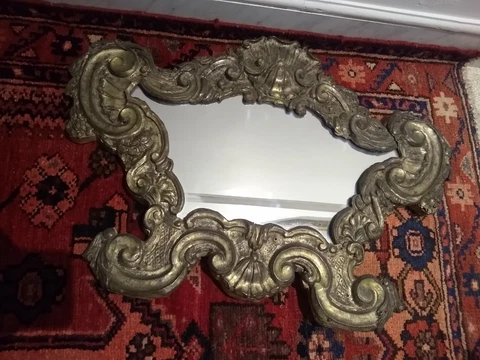 Italian Hammered Brass On Wood Mirror, 18th Century (See Photos & Description) Cover