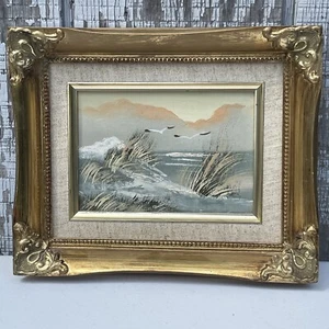 Vintage Öl auf Leinwand im verzierten Goldrahmen Strand Dünen Möwen Wellen Landschaft - Bild 1 von 12
