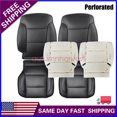 For 2014-2019 Chevy Silverado Front PERF Leather Seat Cover Black / Foam Cushion Foto 1 de 4