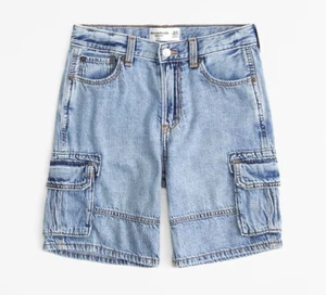 Abercrombie Kids At The Knee Lightweight Baggy Cargo Shorts Boy 15/16 Blue Denim - Picture 1 of 4