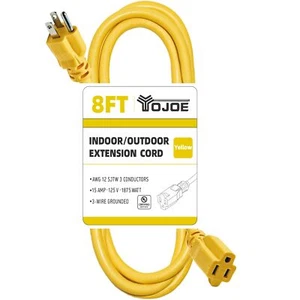12/3 8 ft Yellow Outdoor Extension Cord - 12 Gauge SJTW 3 Prong Heavy Duty - Picture 1 of 6