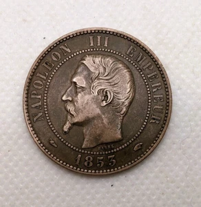 1853-A France 10 Centimes Empire Francais Napoleon III Vintage Bronze Coin Paris - Picture 1 of 5