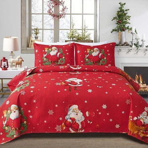 Christmas Bedspread Quilt Sets Queen Size - Reversible Santa Claus Elk Snowflake - Picture 1 of 5