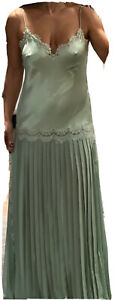 NWT ALBERTA FERRETTI Green Pleated Silk Slip Lace Tank Maxi Dress 40 US 4 $3895