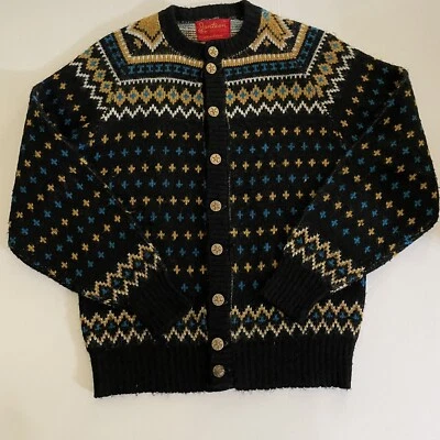 Cárdigan suéter vintage Fairisle para mujer M negro dorado botón delantero preppy acogedor Foto 1 de 4