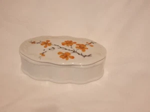 Porzellan Schmuckdose mit orangenem Blütenmotiv, Vintage - Bild 1 von 3