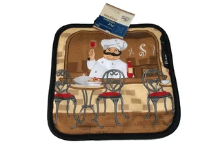 Set of 2 Same Printed Kitchen Pot Holders(7"x7") FAT CHEF W/WINE GLASS, black, - Picture 1 of 3