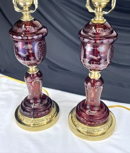 PAIR Vtg 1940's Cranberry Ruby Red Cut to Clear Glass Table Lamps Czech Bohemian - Picture 1 of 22