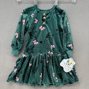 Bluey A-Linie Kleid Kleinkind Mädchen 18M grün Blumen kuschelig Samt Langarm Neu mit Etikett - Bild 1 von 6